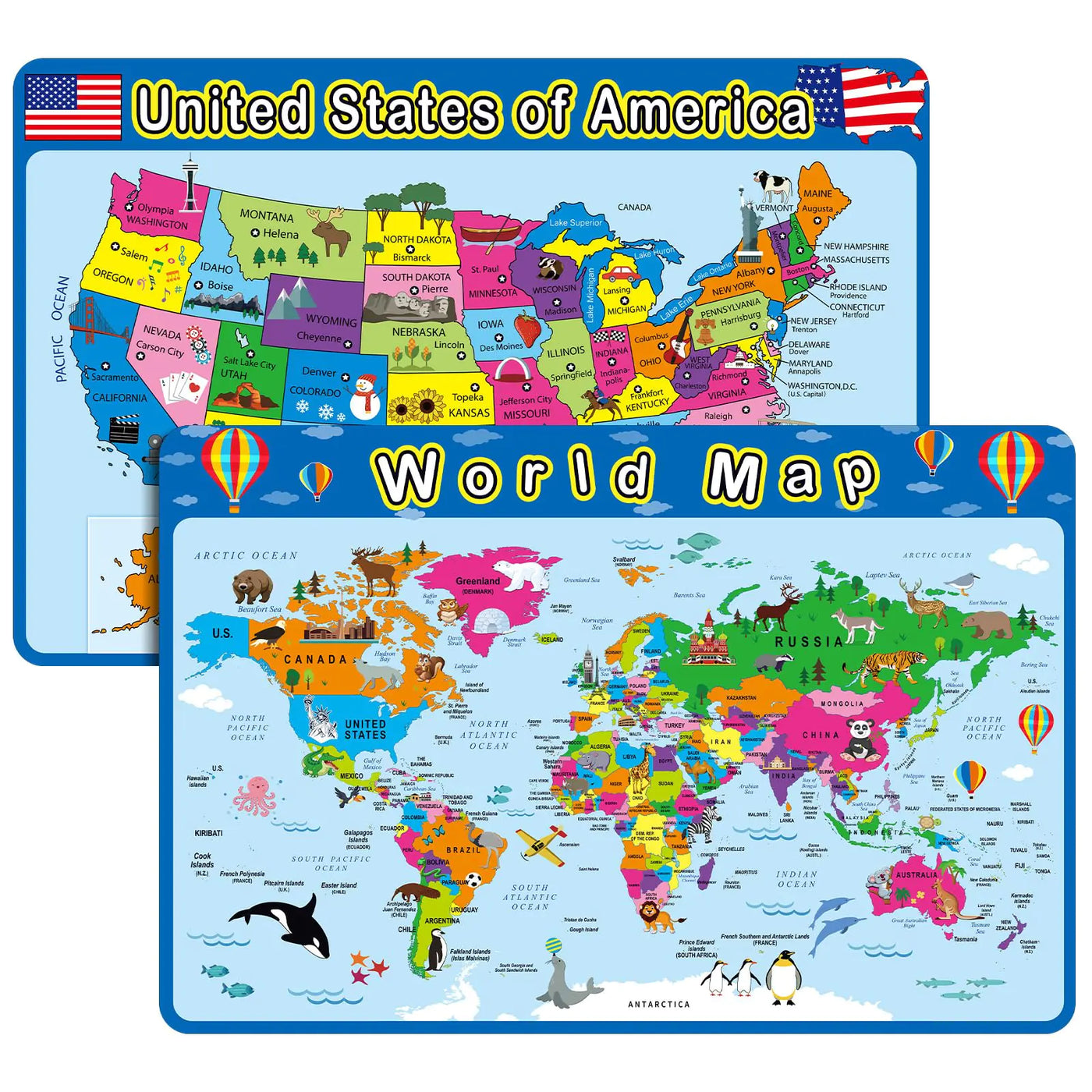 2 Pcs Educational Placemats World Map & United States