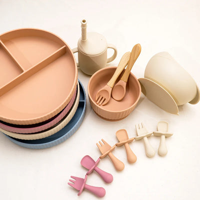 Baby Silicone Cookware Feeding Plate Bowl Set Non-Slip Suction Food Dishes Drinking Cup BPA Free Fork Spoon Children's Tableware